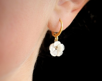White flower bridal earrings, small pearly flower wedding hoops, Christmas gift for women