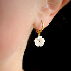 White flower bridal earrings, small pearly flower wedding hoops, Christmas gift for women