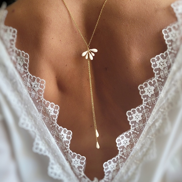 Porcelain drop bridal back necklace, backless wedding neckline jewelry, Mother's Day gift