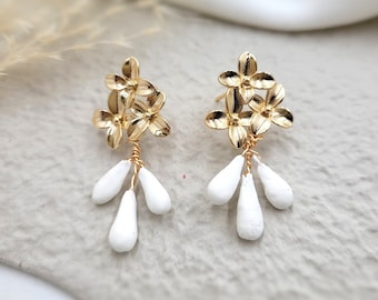 Gold flower porcelain bridal earrings, wedding jewelry, Christmas gift for women, civil wedding ceremony jewelry, New Year&#39;s Eve party jewelry