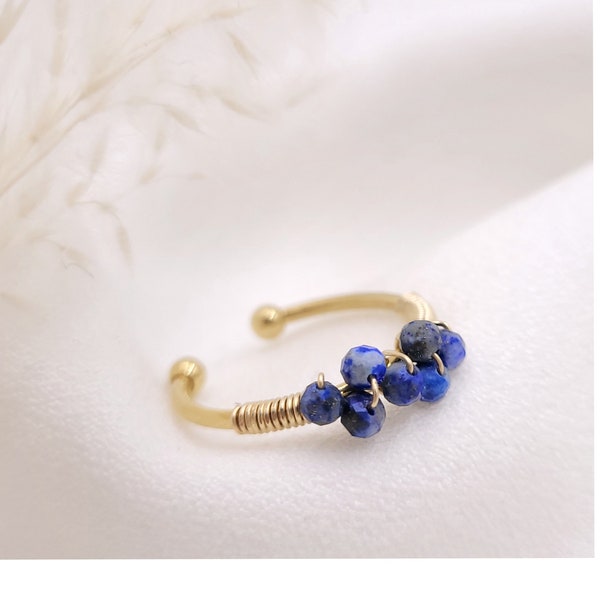 Bague pierre lapis lazuli, grappe perles bleues, bague ajustable, pierre naturelle, cadeau fête de noël femme