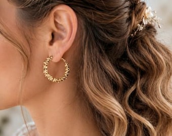 Gold pearl hoop earrings with diamond effect, stylish and elegant hoop earrings, 24-carat gold-plated brass, Christmas gift for women