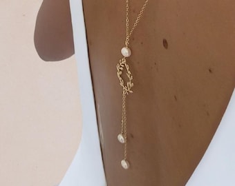 Bridal laurel wreath back necklace, wedding backless necklace, designer jewelry in Lyon, women's gift, civil ceremony jewelry
