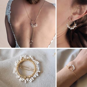 White pearl wedding jewelry set, civil ceremony bridal set, gypsophila bracelet and earrings, women&#39;s gift