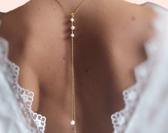 Collier de dos mariée, collier dos nu perles d'eau douce, bijoux de créateur lyonnais, cadeau de noël femme, bijoux cérémonie civile mariée