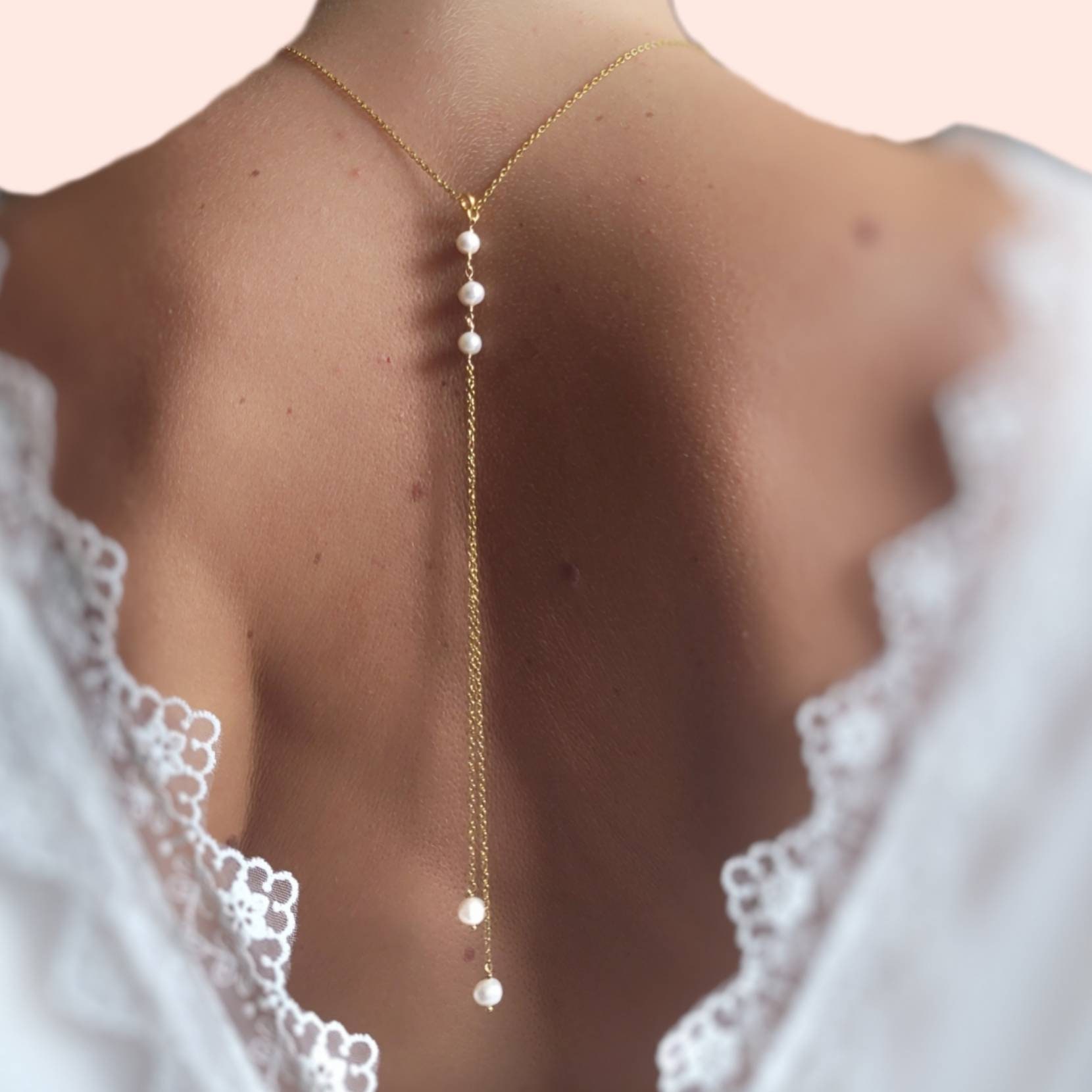 Delicate Rose Gold Back Necklace with Pearl Drops for Brides- June –  PoetryDesigns