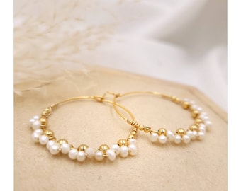 Bridal earrings, wedding cultured pearl hoop earrings, women's Valentine's Day gift