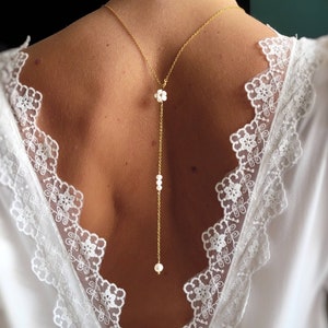 Flower and pearl bridal back necklace, low-cut backless necklace, designer wedding jewelry, women&#39;s Christmas gift, civil ceremony jewelry
