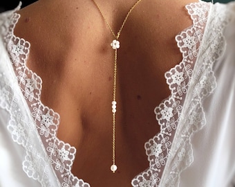Flower and pearl bridal back necklace, low-cut backless necklace, designer wedding jewelry, women's Christmas gift, civil ceremony jewelry