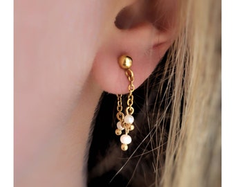 Chaîne d'oreilles, boucles chaîne, avec petite perles nacrées, cadeau de noël femme