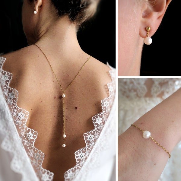 Parure bijoux mariage perles, collier de dos mariée, bracelet et boucles d'oreilles, cadeau de noël pour elle