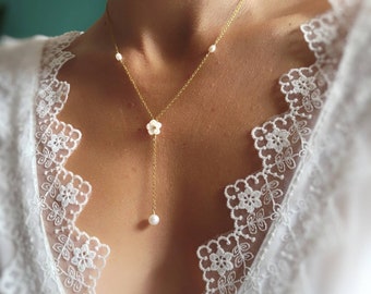 Collier mariée lasso Y, collier fleur décolleté mariage, bijoux de créateur sur mesure, cadeau de noël femme, bijoux cérémonie civile mariée