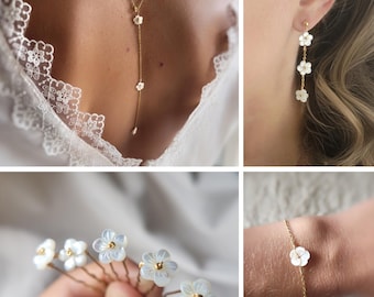 Bloemenbruidssieradenset, bruidssieradenset, ketting, armband en oorbellen, sieraden voor een burgerlijke ceremonie, cadeau voor vrouwen