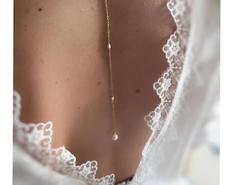Freshwater pearl bridal back necklace, backless wedding necklace, designer jewelry Lyon, Christmas gift for women, civil ceremony jewelry