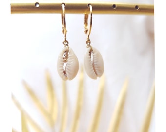 mini white cowrie shell hoop earrings, single gold stainless steel shell loop, women's Christmas gift