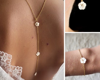 Parure bijoux mariage fleurs, collier de dos mariée, bracelet et boucles d'oreilles, cadeau de noël pour elle