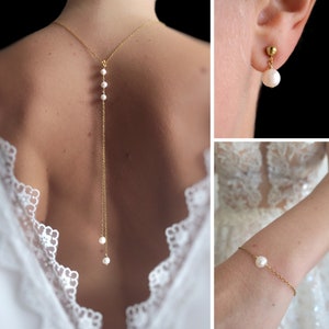 Pearl wedding jewelry set, bridal back necklace, bracelet and earrings, Christmas gift for her