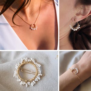 White pearl wedding jewelry set, civil ceremony bridal set, gypsophila bracelet and earrings, women&#39;s gift