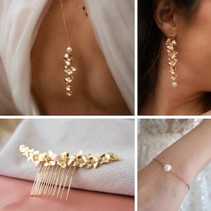 Wedding jewelry set with golden flowers and freshwater pearls, civil ceremony bridal set, bracelet and earrings, women&#39;s gift