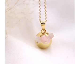 Bola de grossesse Lithothérapie or pierres fines quartz rose, collier femme enceinte, cadeau future maman, cadeau de noël future maman