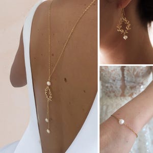 Wedding jewelry set with laurel wreath and pearls, bridal back necklace, bracelet and earrings, civil ceremony jewelry set