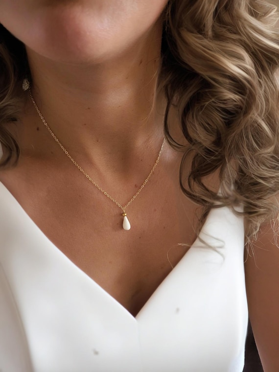 Porcelain Wedding Necklace, White Drop Pendant, Minimalist Bridal