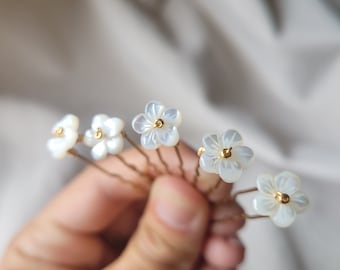 5 forcine per capelli da sposa con fiore in madreperla, forcine dorate per la sposa