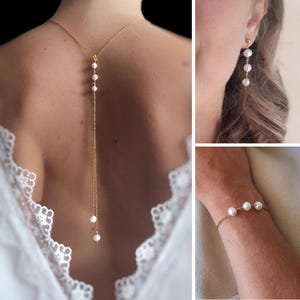 Pearl wedding jewelry set, bridal back necklace, bracelet and earrings, Christmas gift for her