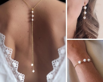 Pearl wedding jewelry set, bridal back necklace, bracelet and earrings, Christmas gift for her
