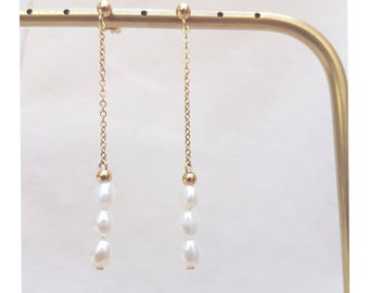 boucles pendants mariée perles, boucles longues chaîne et perle de culture, bijoux mariage, cadeau de noël femme, bijoux cérémonie civile