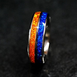 1111 Twin Flame Ring, Titanium 8mm, Fire and Ice Rings Orange Blue Opal, Sacred Union