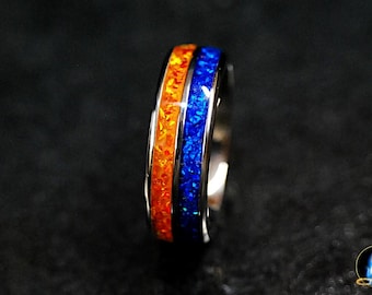 1111 Twin Flame Ring, Titanium 8mm, Fire and Ice Rings Orange Blue Opal, Sacred Union