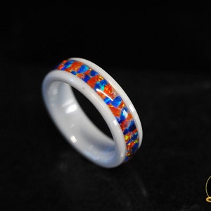 Twin Flame Fire n Ice Ring on White Ceramic Band 6mm, Bello Opals Orange and Blue Opal Rings