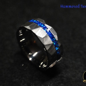 Offset Hammered Tungsten Carbide Ring 8mm inlaid with Blue Ice Opal, Twin Flame Rings, Metal ring