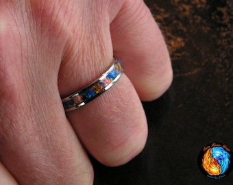Womens Ring 4mm Stainless Steel No Pinch Band inlaid with Fire & Ice Twin Flame Blue and Orange Opal Gemstone - Handcrafted