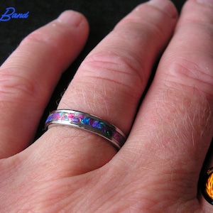 Crushed Opal Ring on 4mm Stainless Steel Band, Bello Opals Violet Blue gemstone