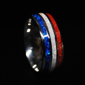 USA Flag Red, White and Blue Opal on Triple Channel Stainless Steel Ring, Flag Colors United States