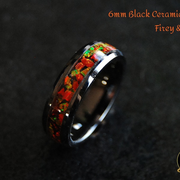 Flamed Red & Gold Opal Ring on Black Ceramic Band 6mm, Bello Opals Firey Gold gemstone