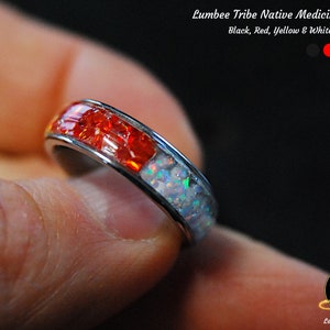 Lumbee Tribe Black, Red, Yellow, White Opal Ring on 6mm Stainless Steel (Flat Edge) Comfort Band