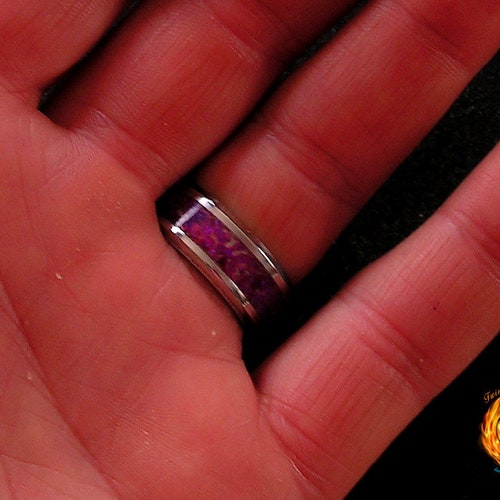 Indigo Flame Violet Crushed Opal Ring inlaid on Stainless Steel shops 8mm Band, Mens & Womens