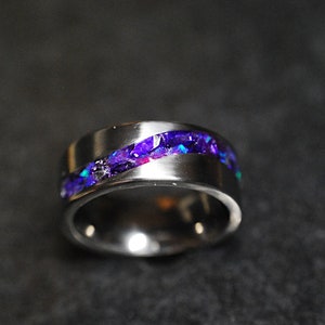 S Wave Titanium Ring 8mm inlaid with Indigo Opal and Purple Glass Shards, Violet Flame Rings