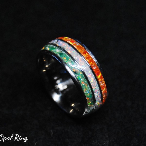 Irish Orange, White and Green Opal on Triple Channel Titanium Ring, Flag of Ireland