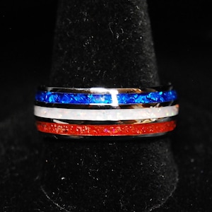 USA Flag Red, White and Blue Opal on Triple Channel Stainless Steel Ring, Flag Colors United States