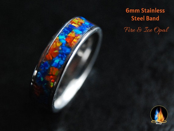 Crushed Opal Ring Edelstahl 6mm Komfortband Twin Flame Blau Orange Etsy