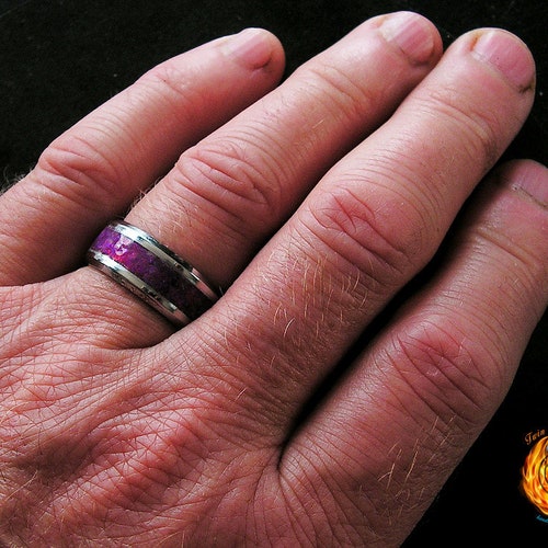 Indigo Flame Violet Crushed Opal Ring inlaid on Stainless Steel shops 8mm Band, Mens & Womens
