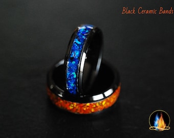 Wedding Ring Set Orange Fire Blue Ice Crushed Opal inlaid on Black Ceramic 6mm & 8mm Bands, Twin Flame Sacred Unions