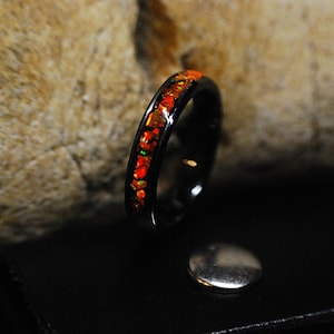 Orange Fire Opal Ring inlaid on 4mm Black Ceramic Band, Twin Flame Womens Rings