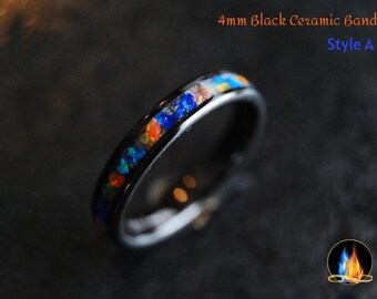 Twin Flame Jewelry, Fire n Ice Ring on Black Ceramic Band 4mm, Bello Opals Orange and Blue gemstone