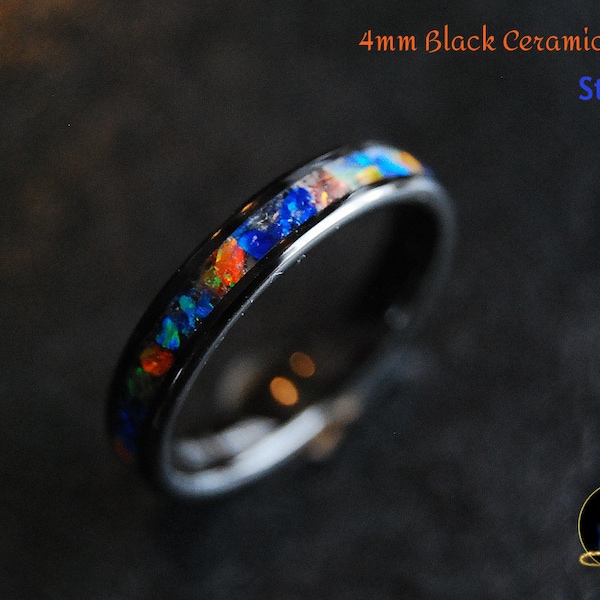 Twin Flame Jewelry, Fire n Ice Ring on Black Ceramic Band 4mm, Bello Opals Orange and Blue gemstone