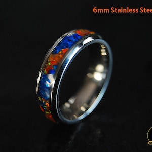 Twin Flame Ring Fire & Ice Opal 6mm Stainless Steel Ring (Bevelled) for Sacred Union, Womens Ring